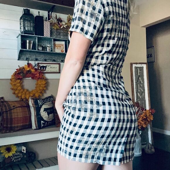 Vintage S.Roberts 1980s Shepherds check plaid floral front tie mini dress - Picture 5 of 11